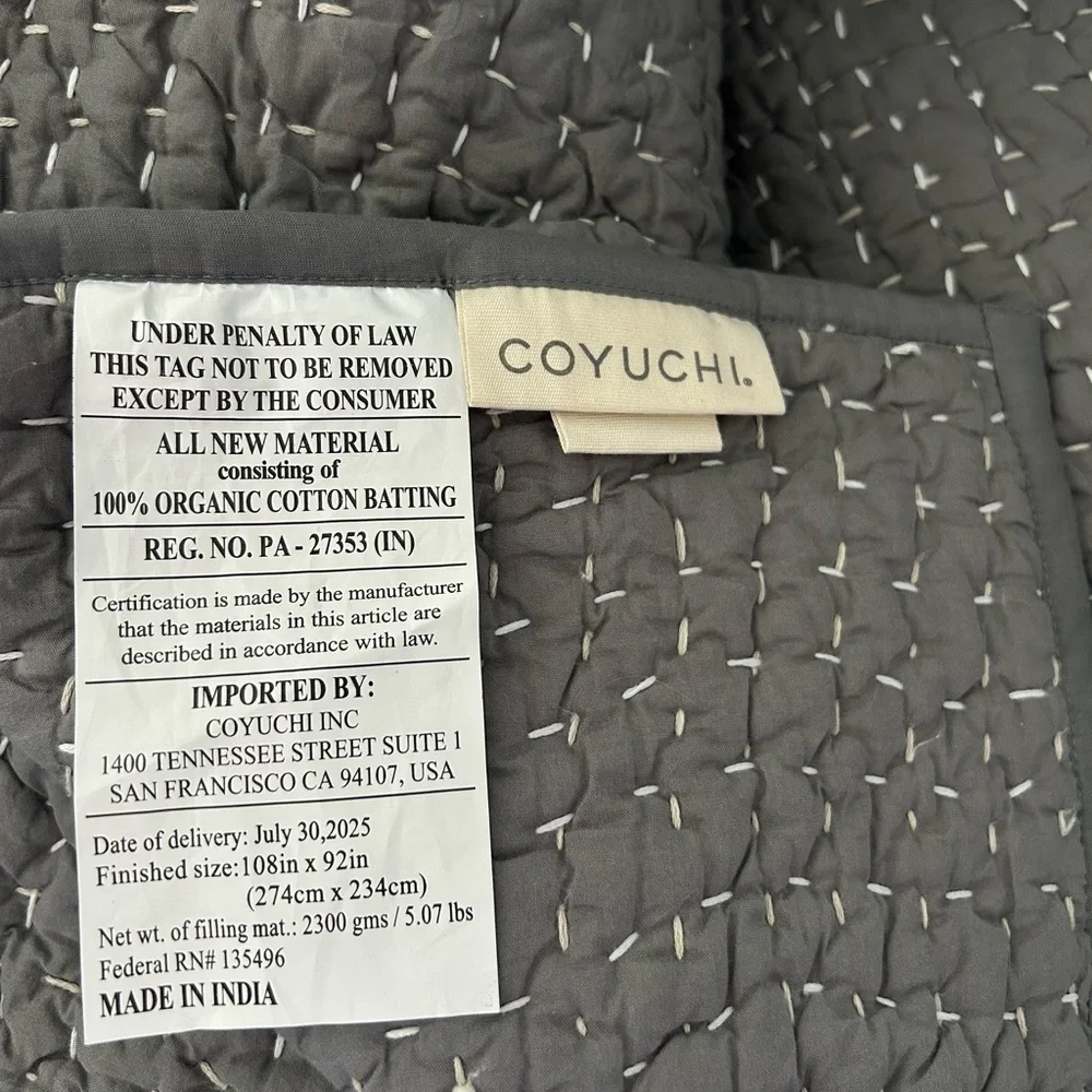 COYUCHI Pebbled Handstitched Organic Quilt $448 Sz  KING , NEW  Color: Slate